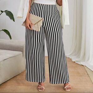 Black and White Striped Print Wide Leg Plus Pants High Waist